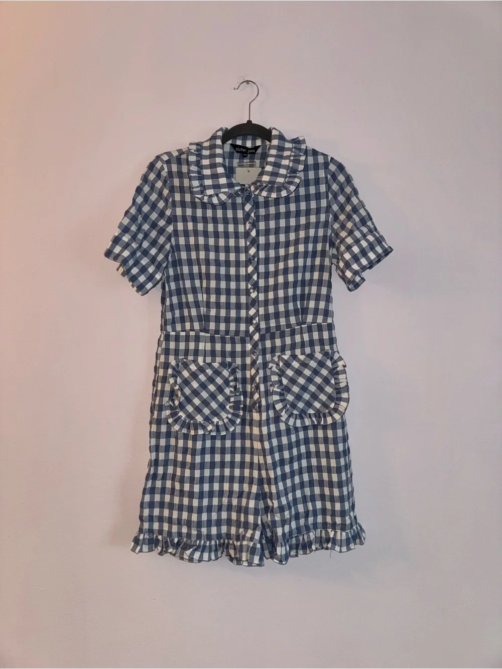 Sister Jane Blue and White Gingham Romper with Ruffle Collar - Picture 2 of 9